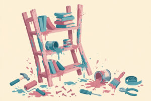 DIY project gone wrong with crooked shelf and spilled paint, a frugal mistake that costs more