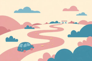 Car driving a long road chasing cheap gas, a frugal mistake that wastes money