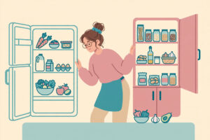 Mom checking her fridge and pantry before grocery shopping to save money