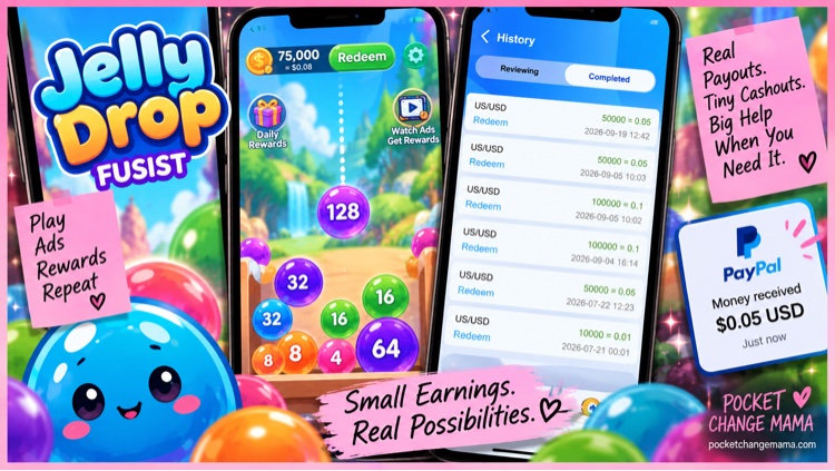 Jelly Drop Fusion gameplay, payout history, and a $0.05 PayPal payment