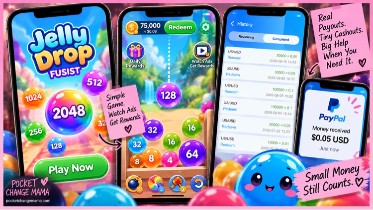 Jelly Drop Fusion gameplay screen with daily rewards and payout history