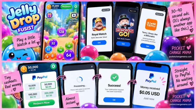 Jelly Drop Fusion ad screens and the PayPal cash-out flow showing a $0.05 payment