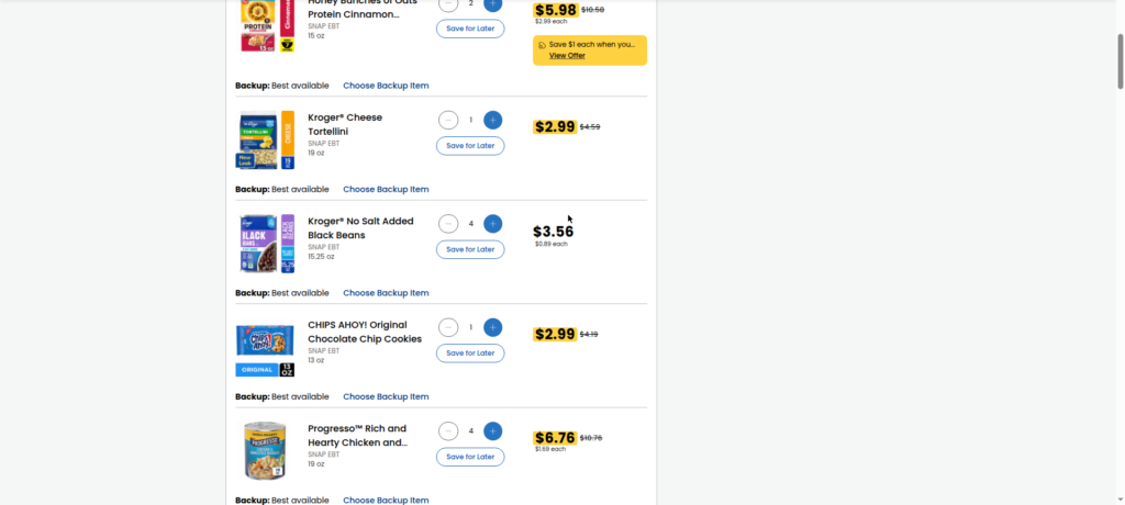 Kroger cart showing pantry staples with sale prices
