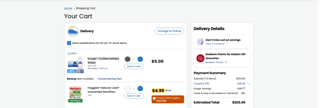 Kroger shopping cart showing 74 items with an estimated total of $203.49 after coupons and savings
