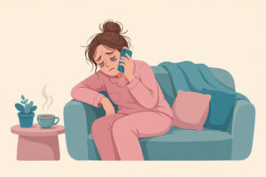 Exhausted mom answering paid surveys on her phone late at night